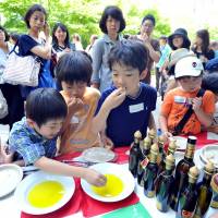 Young students dip pieces of bread into olive oil from Spain on International Children\'s Day on Sunday at the Spanish Embassy in Minato Ward, Tokyo. A total of 80 kids took part in the event, which included art workshops. | YOSHIAKI MIURA