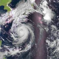 This satellite image received Friday shows Typhoon Halong bearing down on southwest Japan.  | EUMETSAT 2014/AFP-JIJI