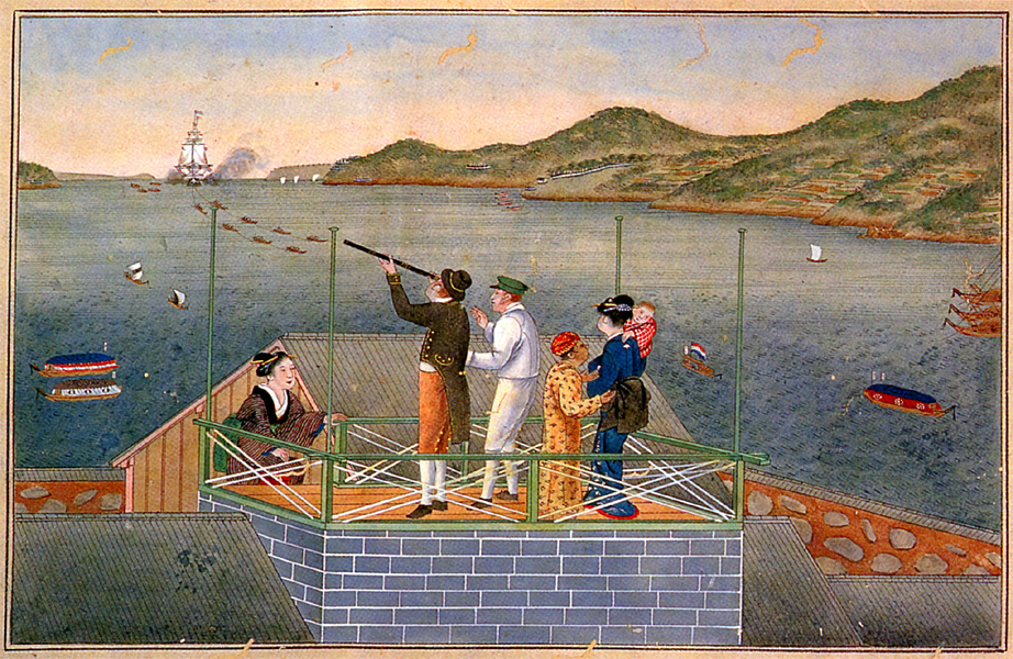 Know your place: In a painting by Kawahara Keiga, a Dutch trader watches as a Dutch ship approaches Dejima, the man-made island in Nagasaki that Westerners were confined to until the 1860s. Ever since the Meiji government opened up to foreigners, Japan has had laws that draw a very clear distinction between Japanese and non-Japanese. | PEABODY ESSEX MUSEUM
