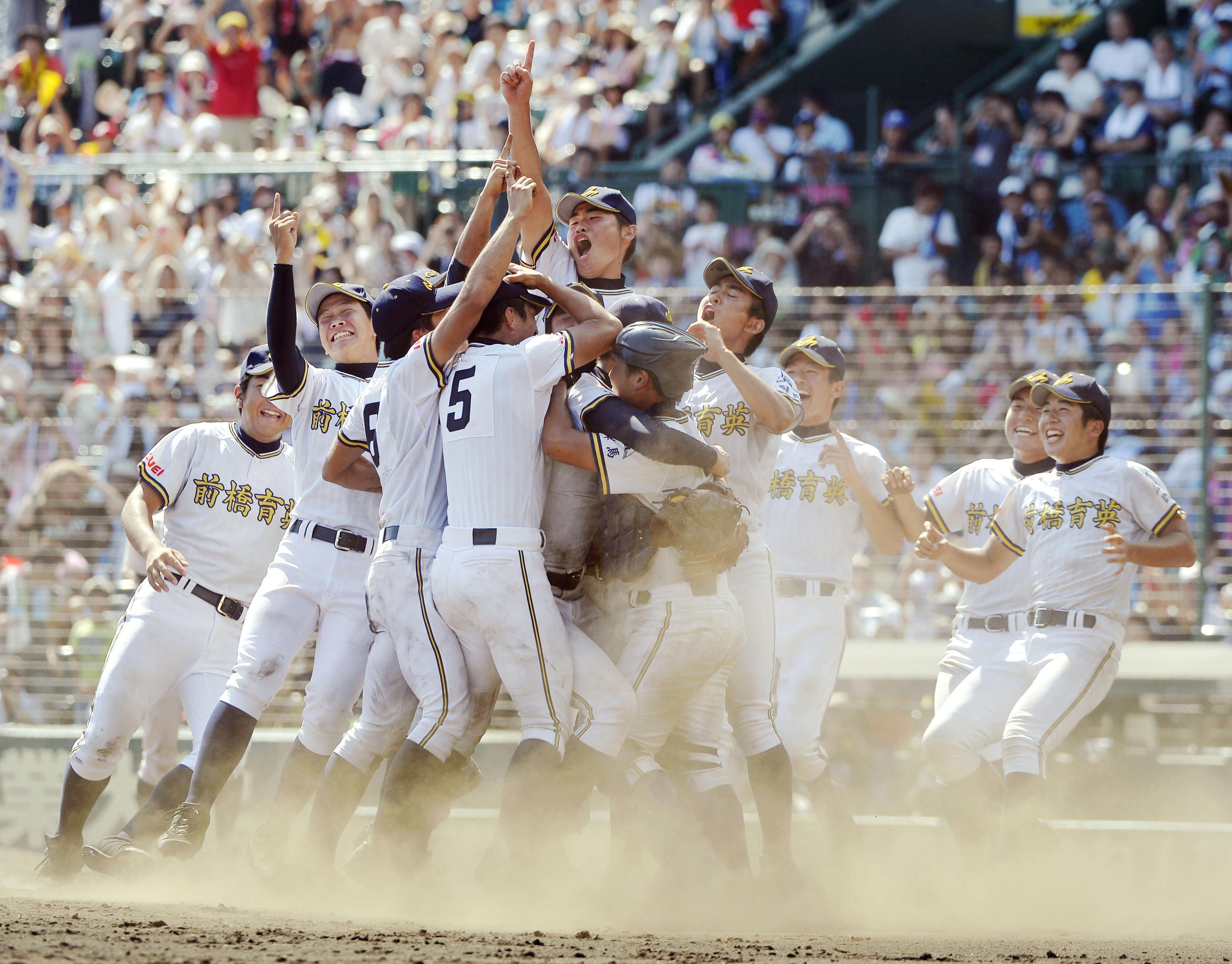 Boys of last summer: Players from Maebashi Ikuei High School in Gunma Prefecture celebrate winning the 95th National High School Baseball Championship, aka the Summer Koshien, for the first time last August at Koshien Stadium in Nishinomiya, Hyogo Prefecture. A similar competition &#8212; the National High School Baseball Invitational Tournament, or Spring Koshien &#8212; is held earlier in the year. | KYODO