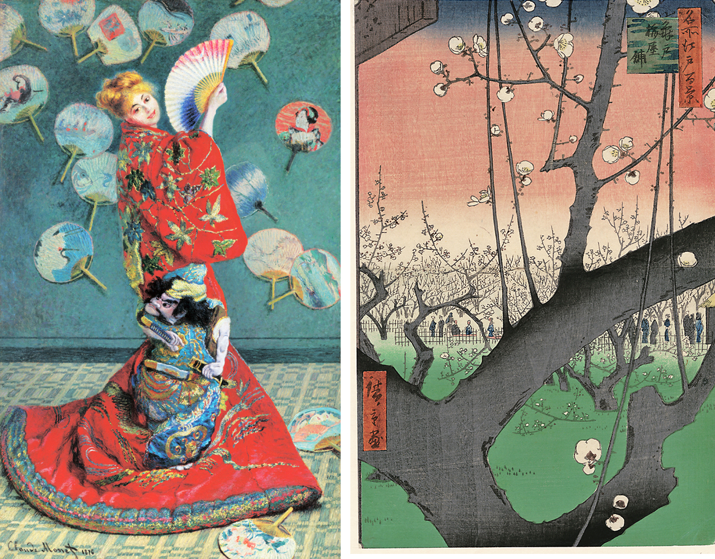 Left: Claude Monet's 'La Japonaise (Camille Monet in Japanese Costume)' (1876); Right: Utagawa Hiroshige's 'Plum Estate, Kameido' from the series 'One Hundred Famous Views of Edo'  |  1951 PURCHASE FUND 56.147, &#169; 2014 MUSEUM OF FINE ARTS,BOSTON;  BEQUEST OF JOHN T. SPAULDING 48.548, &#169; 2014 MUSEUM OF FINE ARTS, BOSTON