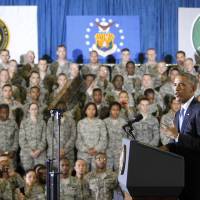 President Barack Obama delivers a speech to the soldiers at U.S. Central Command (CentCom) at MacDill Air Force Base, Florida, Wednesday. He said U.S. forces in Iraq \"do not and will not\" have a combat mission as part of the effort against Islamic State militants. | AP