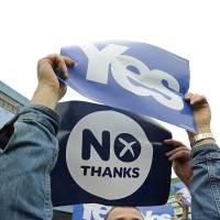 Pro-union and pro-independence campaigners jostle for space during a rally by Scotland’s Deputy First Minister Nicola Sturgeon in Glasgow, Scotland, on Friday ahead of the referendum on Scotland’s independence. Generation gap opens in Scotland referendum campaigns