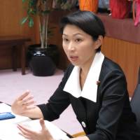 Newly appointed trade and industry minister Yuko Obuchi is interviewed by media outlets on Thursday at METI’s offices in Tokyo. | KAZUAKI NAGATA
