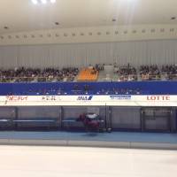 View from the arena: Fans watch Saturday\'s Junior Grand Prix competition at Morikoro Park Skating Rink in Nagoya. | JACK GALLAGHER