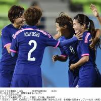 Goal parade: Japan\'s players celebrate the team\'s 10th goal against Jordan on Thursday at the Asian Games. Japan won 12-0. | KYODO