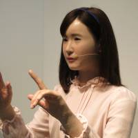 Toshiba unveils its humanoid communication robot at the CEATEC trade show Tuesday. Named ChihiraAico, the lifelike robot boasts the technology to communicate in sign language.  | KAZUAKI NAGATA