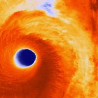 This colorized infared NOAA image from the VIIRS instrument on the Suomi NPP satellite obtained Friday shows the eye of Typhoon Vongfong, as it moves north toward Japan. The satellite estimates indicate that the eye is approximately 50 miles wide (80 km). Okinawa braces as massive Typhoon Vongfong powers north