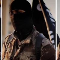 This combination of images released Tuesday by the FBI shows an English-speaking individual who appears in a propaganda video released in September by the Islamic State. The FBI is seeking information on the man, whose face is obscured by a mask and alternates seamlessly between English and Arabic in pro-Islamic State pronouncements intended to appeal to a Western audience. Dressed in desert camouflage and wearing a shoulder holster, the masked man can be seen standing in front of purported prisoners as they dig their own graves and then later presiding over their executions. The man has what is believed to be a North American accent. | AFP-JIJI