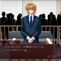 A scene from the lay judge simulator shows a defendant in court. The subtitles suggest what a panel member may be deliberating, such as \"I must think carefully because my decisions can change his life.\" | OSAKA BAR ASSOCIATION