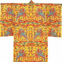 Bingata stencil-dyed robe with a design of phoenixes, clouds and mist on a yellow background, a National Treasure (18th-19th century, Naha City)  | AGENCY FOR CULTURAL AFFAIRS