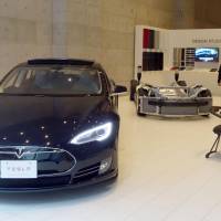 Tesla Motors Inc.\'s Model S luxury electric sedan is displayed at a temporary showroom in Osaka that opened Saturday. | KYODO