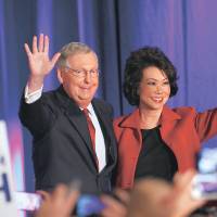 Senate Minority Leader Mitch McConnell waves to supporters with his wife, former Labor Secretary Elaine Chao, during an election-night rally on Tuesday in Louisville, Kentucky. | REUTERS