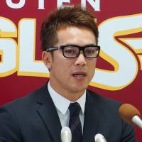 Stick around: Kazuo Matsui speaks at a news conference Saturday after signing a new two-year deal with the Tohoku Rakuten Golden Eagles. | KYODO