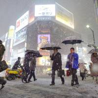 Thick snow falls on the Susukino entertainment district of Sapporo on Thursday night. The temperature fell significantly Friday morning in many locations nationwide, signaling winter\'s full-fledged arrival. | KYODO