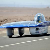 A solar-powered car developed by a team from Tokai University in Tokyo takes part in an endurance competition Sunday in the Atacama Desert of Chile. The organizer announced Tuesday the Tokai vehicle won the race that ran from last Thursday through Monday. | KYODO