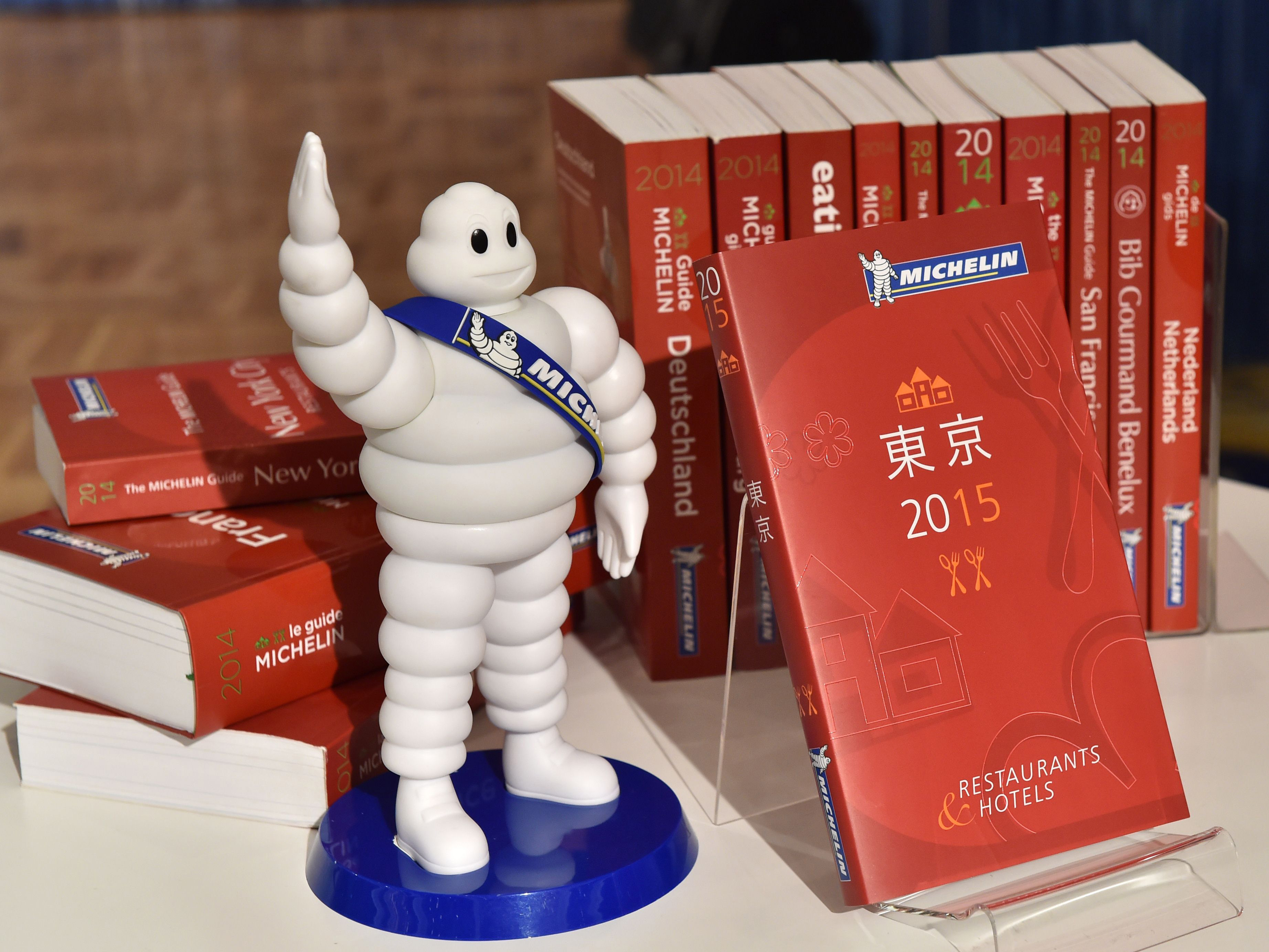 The Michelin Guide Tokyo 2015 is displayed during its launch in Tokyo on Tuesday. | AFP-JIJI