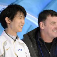 Mentor and pupil: Coach Brian Orser (right) and Yuzuru Hanyu, who won the Olympic gold at the 2014 Sochi Games, share a smile on Friday in Nagano.  | KYODO