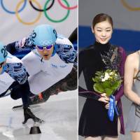 Is all that glitters gold?: Russia\'s Adelina Sotnikova (above right, center) poses with silver medalist Yuna Kim and bronze medalist Carolina Kostner, after winning gold in ladies figure skating at the Sochi Olympics. The crown didn\'t come without controversy as some felt Kim was the more deserving skater, alleging judging malfeasance elevated Sotnikova to a win on home ice, while others in the skating community felt Sotnikova was the rightful champion. Russian speedskater Viktor Ahn (far left) leads the pack during the short-track final. Ahn won four medals in Sochi. | KYODO/AP