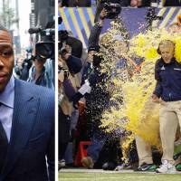 In the spotlight: Former Baltimore running back Ray Rice arrives with wife Janay Palmer for an appeal hearing in November; Seattle head coach Pete Carroll is doused in Gatorade after the Seahawks beat the Broncos in Super Bowl XLVIII in East Rutherford, New Jersey, in February. | AP/KYODO
