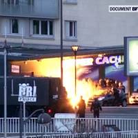 A still image form video shows an explosion Friday  as French police special forces launch their assault on kosher supermarket where several people were taken hostage near the Porte de Vincennes in eastern Paris.  | REUTERS