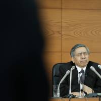 Bank of Japan Gov. Haruhiko Kuroda closes his eyes during a news conference at the central bank\'s headquarters in Tokyo last month. | BLOOMBERG