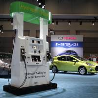 A hydrogen-dispensing pump for the 2016 Toyota Mirai is displayed during the Washington Auto Show in the U.S. capital Thursday. | REUTERS