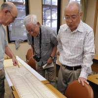 Masayuki Nukii (right) and other scholars working jointly with South Korea examine a scroll at Ichinomiya Bisai Museum of History and Folklore in Aichi Prefecture. The scroll depicts a makeshift bridge built on the Kiso River so a diplomatic mission from Korea could cross. | CHUNICHI SHIMBUN
