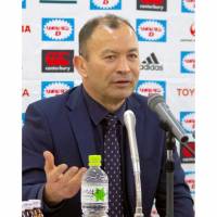 Names in the frame: Japan head coach Eddie Jones speaks at a news conference Monday to announce his provisional 41-man squad for the 2015 Rugby World Cup. | KYODO