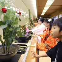 Students of the Ikenobo school of ikebana attend a New Year\'s lesson at the organization\'s headquarters in Kyoto on Monday. The event saw some 1,500 students, aged between 8 and 96 from all over Japan, take part. | KYODO