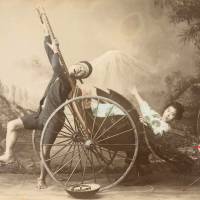 An untitled hand-tinted albumen print of a rickshaw overturning, unknown photographer (1880-1890s) | REUTERS