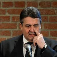 German Vice Chancellor, Economy and Energy Minister Sigmar Gabriel gives a statement at Gut Borsig, Germany, on Monday. Gabriel rejected calls by Greece\'s new prime minister for Berlin to pay reparations for World War II damages by the Nazis, insisting the issue was concluded 25 years ago. | AFP-JIJI
