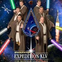 Kimiya Yui (center-left) is among the six astronauts dressed as Jedi warriors in a spoof movie poster NASA released Thursday ahead of their departures for the International Space Station later this year. | KYODO