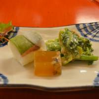 Delicate taste: Suppon turtle with sushi and spinach. For lunch there is a choice of three kaiseki courses and a tempura course. | J.J. O\'DONOGHUE