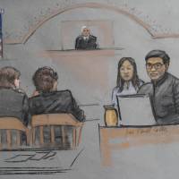 In this courtroom sketch, Dun Meng (far right) testifies with a translator at his side during the federal death penalty trial of Boston Marathon bombing suspect Dzhokhar Tsarnaev in Boston on Thursday. Meng described his harrowing ride at gunpoint with the Boston Marathon bombers and the moment he made “the most difficult decision” of his life to bolt from the car. Man recalls 'terrifying' carjacking at Boston bombing trial