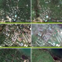 This combination of photos released Tuesday by DigitalGlobe shows before (right column) and after views of Port Vila, Vanuatu, that depict the destruction (left column) caused by Cyclone Pam. | DIGITALGLOBE / HANDOUT / AFP-JIJI