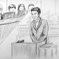 A sketch shows Yutaro Sumida, one of seven defendants on trial over a spate of deaths allegedly masterminded by his mother, Miyoko Sumida, listening as judges at the Kobe District Court sentence him to 17 years in prison Wednesday. | KYODO