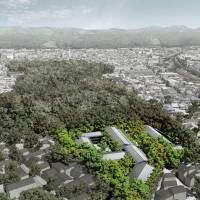 Shimogamo Shrine in Kyoto is planning to lease some of its land to condominiums, seen here superimposed on where they will be situated. | KYODO