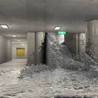 An image created by \"Particleworks\" software shows a prediction of how flood waters will move. | PROMETECH SOFTWARE INC./KOZO KEIKAKU ENGINEERING INC.