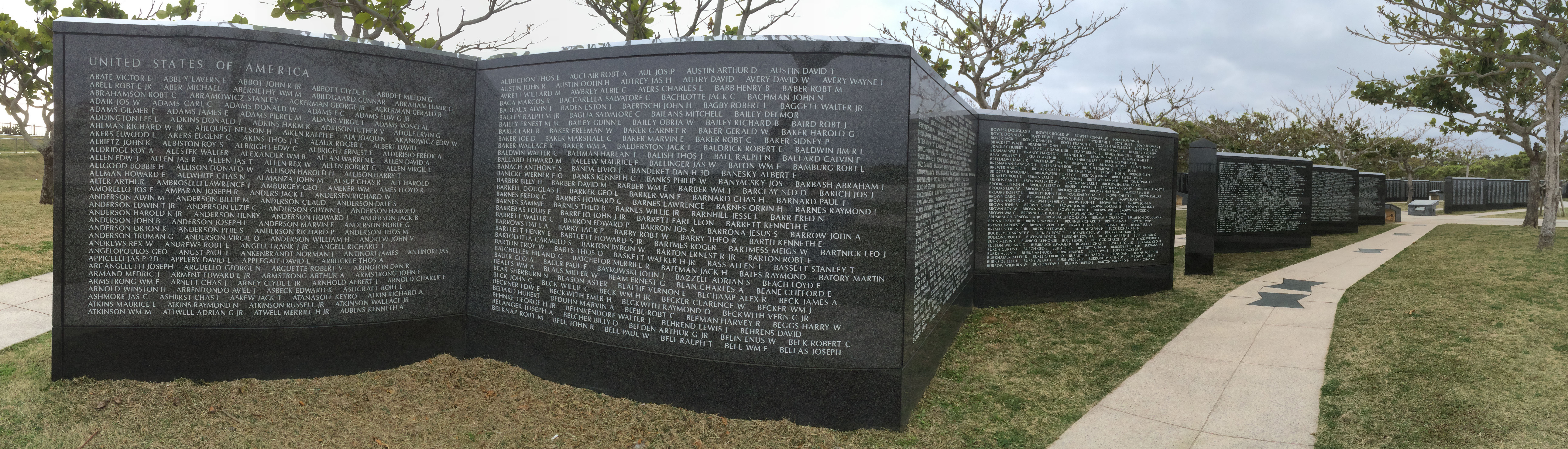 Huge sacrifice: The names of the 14,009 American service members who lost their lives in the Battle of Okinawa 70 years ago are etched into the Cornerstone of Peace in Itoman, Okinawa. | JON MITCHELL