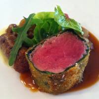 Tender: Lamb wrapped in spinach with merguez sausage, Japanese mushrooms and baby broad beans. Chic Peut-etre