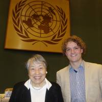 The former Japanese politician and Japan Women\'s Network for Disaster Risk Reduction Akiko Domoto (left), who spoke on behalf of Women\'s Groups at the Preparatory Committee Meeting for the Third UN World Conference on Disaster Risk Reduction in Geneva, poses with Sam Johnson from New Zealand who spoke on behalf of Youth. | UNISDR