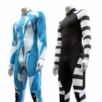 Two wet suits unveiled Monday by Yamamoto Corp. use patterns that can reduce shark attacks, the Osaka chemicals-maker claims. The blue one (left) makes divers difficult for sharks to find, while the striped one is designed to make surfers look like sea snakes, which sharks are said to avoid. The company said 10,000 of the suits were sold in Australia during a test run from December 2012 to September 2013.  | YAMAMOTO CORP./KYODO