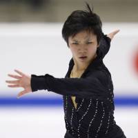 Shoma Uno competes in the free skate at the World Junior Figure Skating Championships in Tallinn on Saturday. Seventeen-year-old Uno won the gold medal. | KYODO