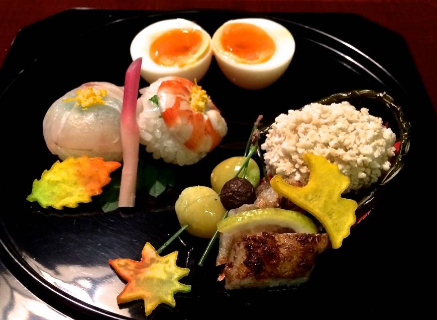Hyotei The hassun (mixed seasonal specialties) plate features Hyotei's signature hanjuku (soft-boiled) egg. | ROBBIE SWINNERTON