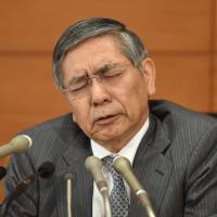 Bank of Japan Gov. Haruhiko Kuroda shows a wry face during a news conference at the central bank headquarters in Tokyo on Thursday. | AFP-JIJI