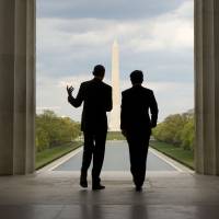 U.S. President Barack Obama and Prime Minister Shinzo Abe visit the Lincoln Memorial, looking toward the Washington Monument, on the National Mall in Washington on April 27. | AP