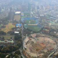 An aerial photo taken Wednesday of Prince Chichibu Memorial Rugby Ground (top) and Jingu Stadium (second from top), which will be rebuilt by 2025. | KYODO