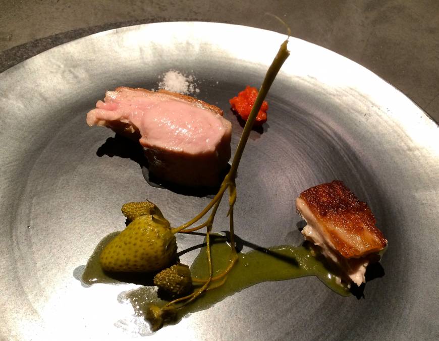 Florilege Stand out: Morsels of tender pork with crackling, served with refreshingly tart green strawberries. | ROBBIE SWINNERTON