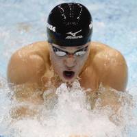 Man on a mission: Yasuhiro Koseki competes in the men\'s 200-meter breaststroke at the national swimming championships on Saturday. | KYODO
